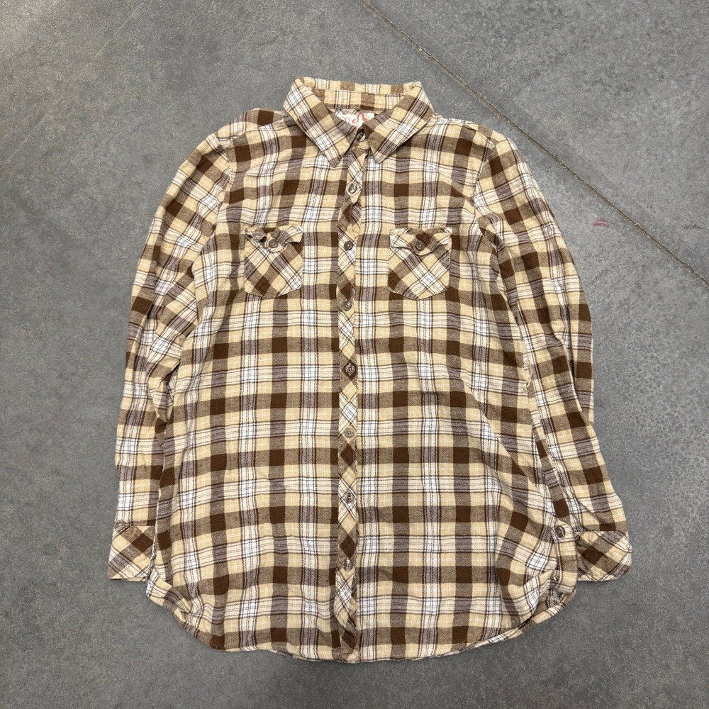 Op Ocean Pacific Brown Plaid Flannel Button Down Shirt XL 15/17 Khaki Cotton
